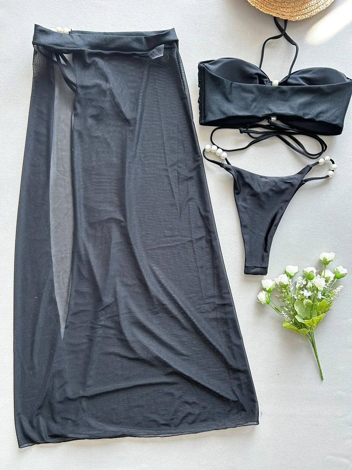 3 Pieces Bikini Set 2025 Sexy Women's Swimsuit with Long Sarong Cover up Female Swimwear Beachwear Bathing Suit Swimming Outfit