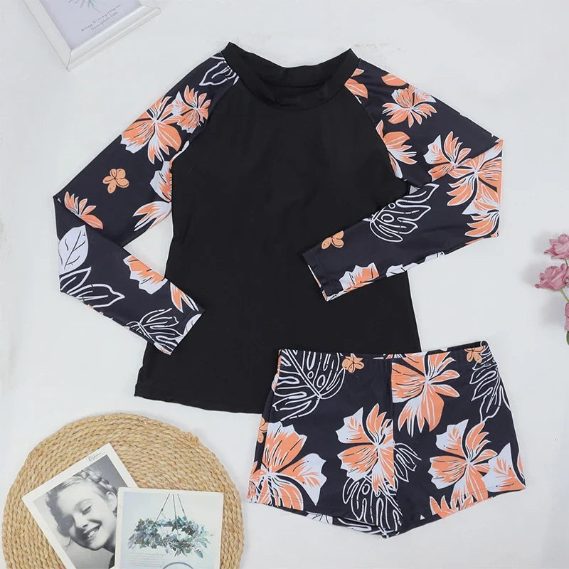 Women Two Pieces Vintage Print Rash Guard Swimwear Long Sleeve Shirt Shorts Surf Top Retro Print Running Shirt Split Swimsuit