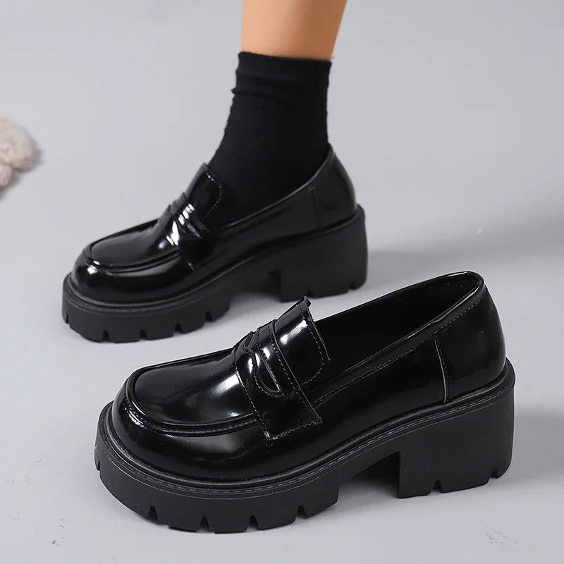 British Style Thick Heels Loafers Women Fashion Slip On Chunky Platform Pumps Woman Plus Size 35-42 Pu Leather Student Shoes