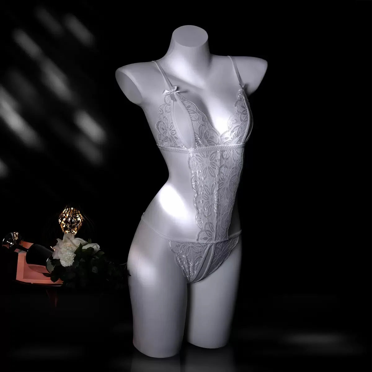 Hot Floral Lace Teddy, Bow Decor Split Cup Open Crotch Backless Bodysuit, Women's Sexy Lingerie & Underwear