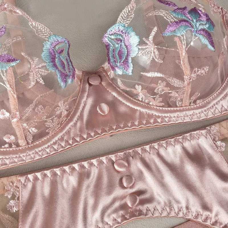 Toucheart 4-Piece Set Sexy Lingerie Set Embroidery Patchwork Mesh See-Through Exotic Underwear Women Garter Belt Underwear Suit