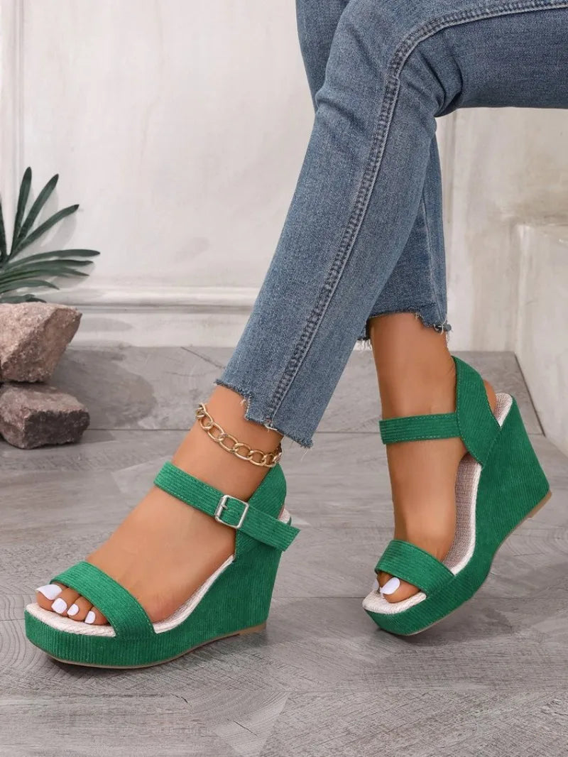 2026 New Platform Wedge Sandals Solid Color Round Headed Square Buckle  High-heeled Sandals