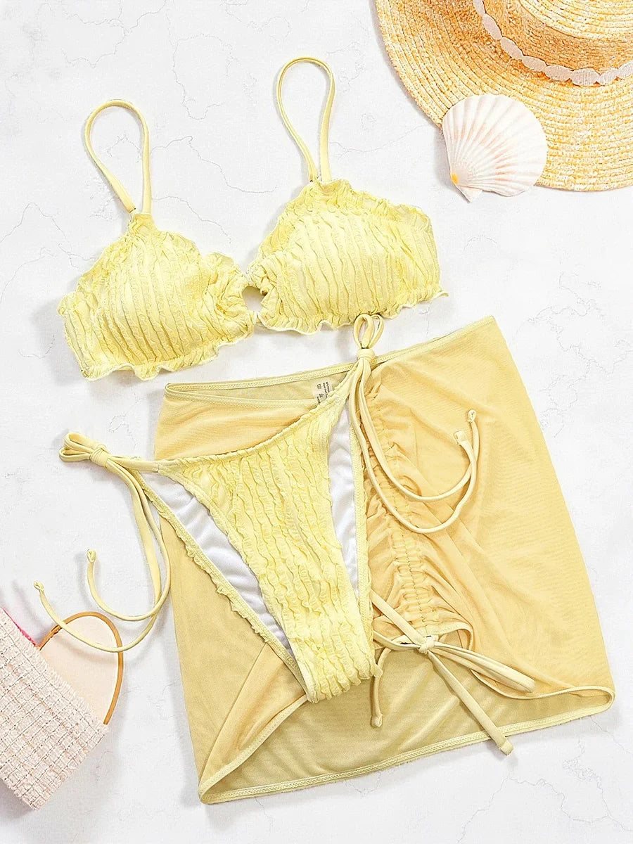 With Mesh Skirt Wrinkled Halter Ruffled Bikini Women Swimwear Female Swimsuit Three-piece Bikini Set Bathing Suit Swim Beachwear