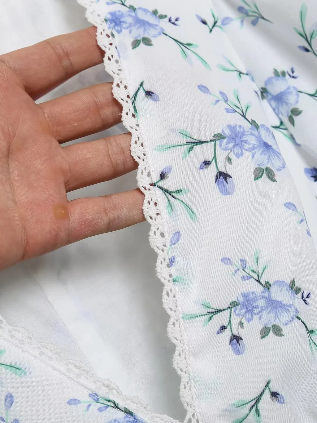 Foridol Blue Flower Print Women Tiered Mini Aummer Autumn Beach Dress Puff Sleeve Vintage Party Cotton Short Boho Lace Dress