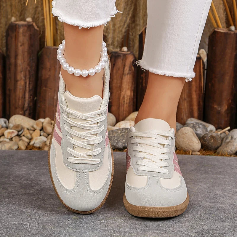 Korean Pink Striped Flat Shoes Women Spring Autumn Lace Up Platform Sneakers Woman Plus Size 42 Low Heel Casual Shoes Female
