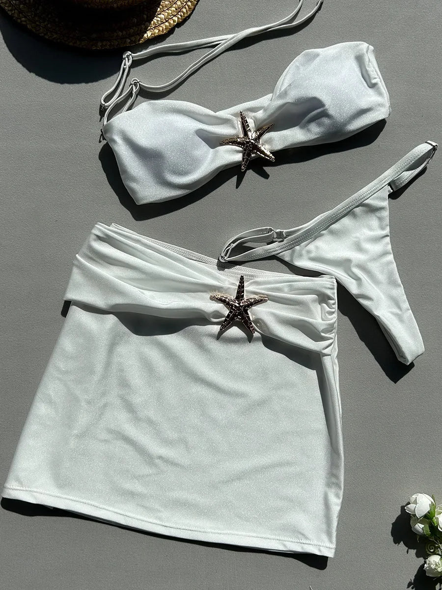 3 Pieces Starfish Thong Bikinis 2026 Solid Swimwear Female Sexy Solid Swimsuit Women & Beach Skirt Bathing Swimming Swim Suit