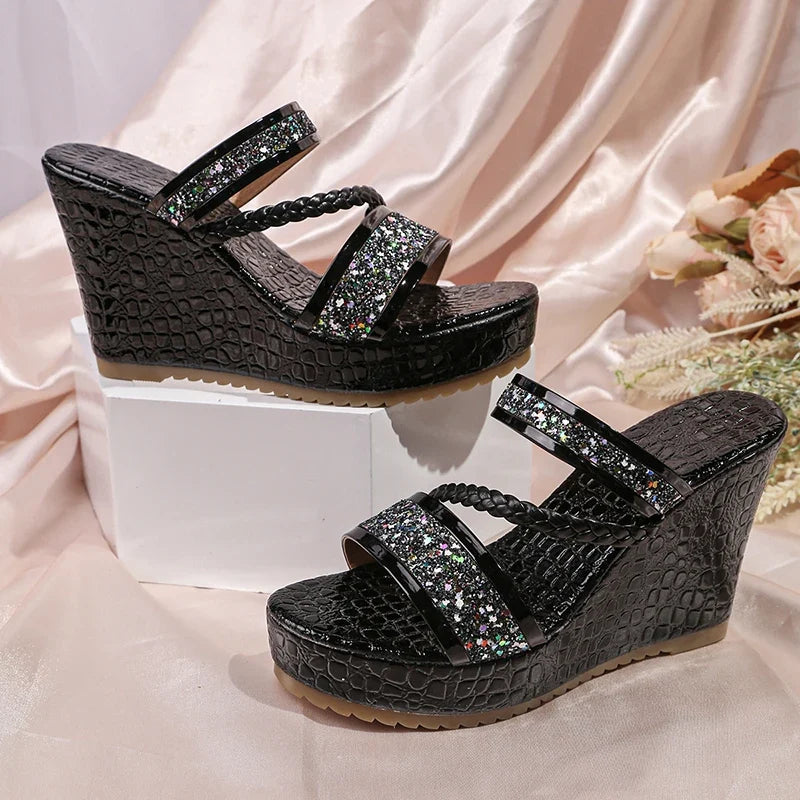 Gold Shiny Sequin Wedges Sandals Women Plus Size 42 Summer Chunky Platform Slippers Woman Crystal High Heel Party Shoes Ladies