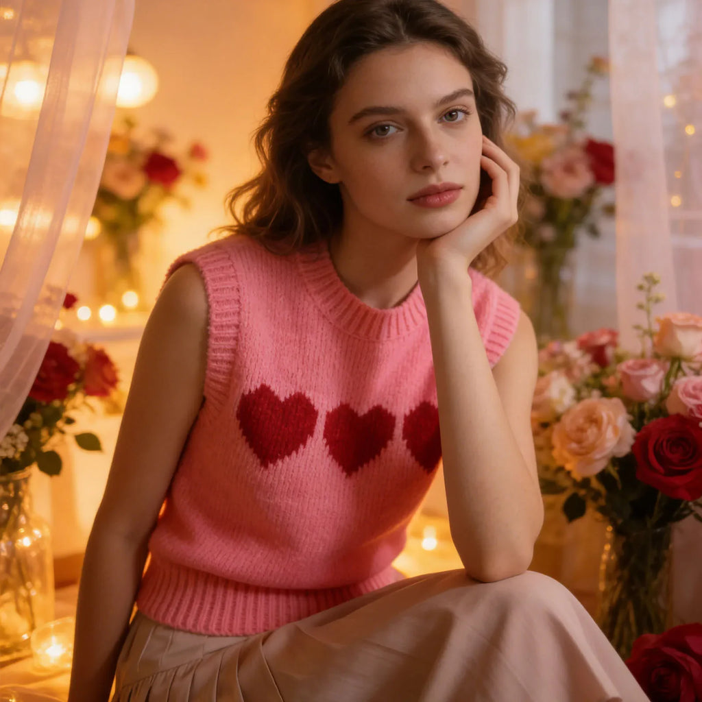 Women 2026 Sleeveless Crew Neck Pullover Fashion Daily Wear Top Cute Heart Print Pink Knitted Vest