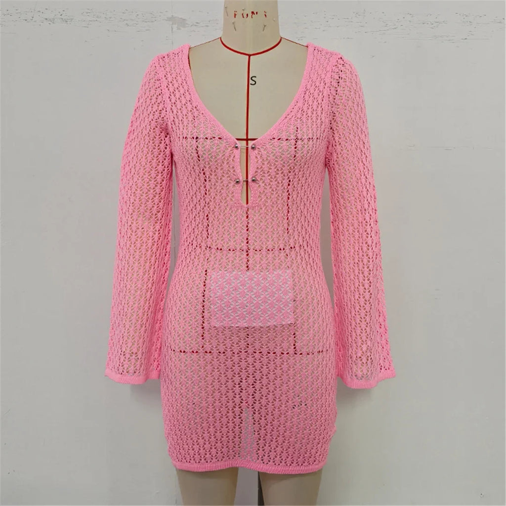 V Neck Long Sleeve Hollow Out Crochet Knitted Tunic Beach Cover Up Cover-ups Beach Dress Beach Wear Beachwear Female Women V7643