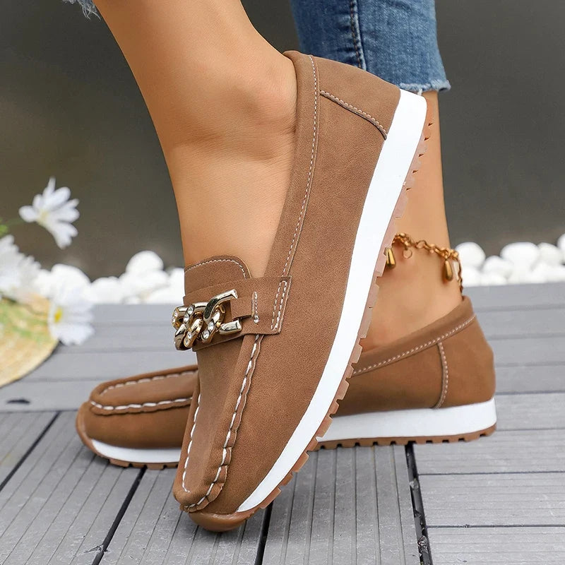 Fashion Metal Chain Soft Sole Flats Shoes Women Spring Autumn Pu Leather Platform Loafers Woman Slip On Non Slip Casual Shoes
