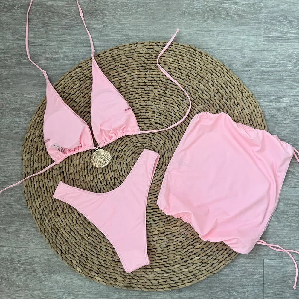 3 Pieces Bikini 2025 Sexy Women Swimsuit Swimwear Female Solid Bandage Skirt Bikini Set Biquini Bathing Suit Swimming Suit