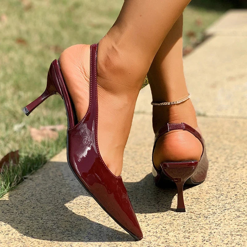 Sexy Leopard Print High Heel Mules Sandals Women Summer Patent Leather Pointed Toe Slingbacks Woman Plus Size 42 Slip On Sandals