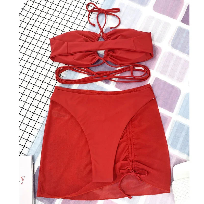 Wrap Around with Mesh Sarong Skirt Bikini Female Swimsuit Women Swimwear Three-pieces Bikini Set Beachwear Bathing Suit Swim