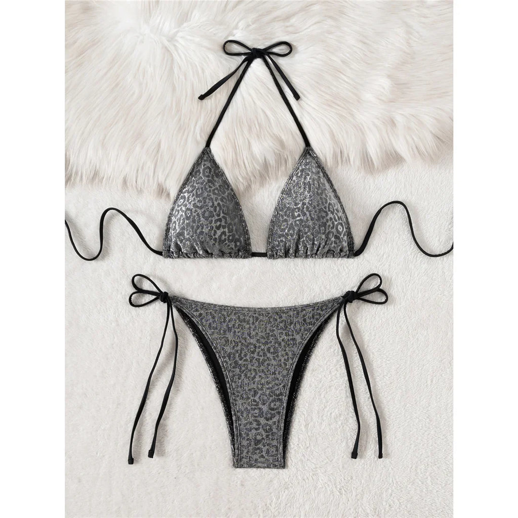 Sparkling Leopard Halter Bikini Female Swimsuit Women Swimwear Two-Pieces Bikini Set High Leg Cut Bather Bathing Suit Swim V7182