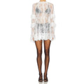 Women See Through Lace Dress Layered Flare Long Sleeve Crew Neck Ruffle Dress for Party Cocktail Club Dress Cover-ups
