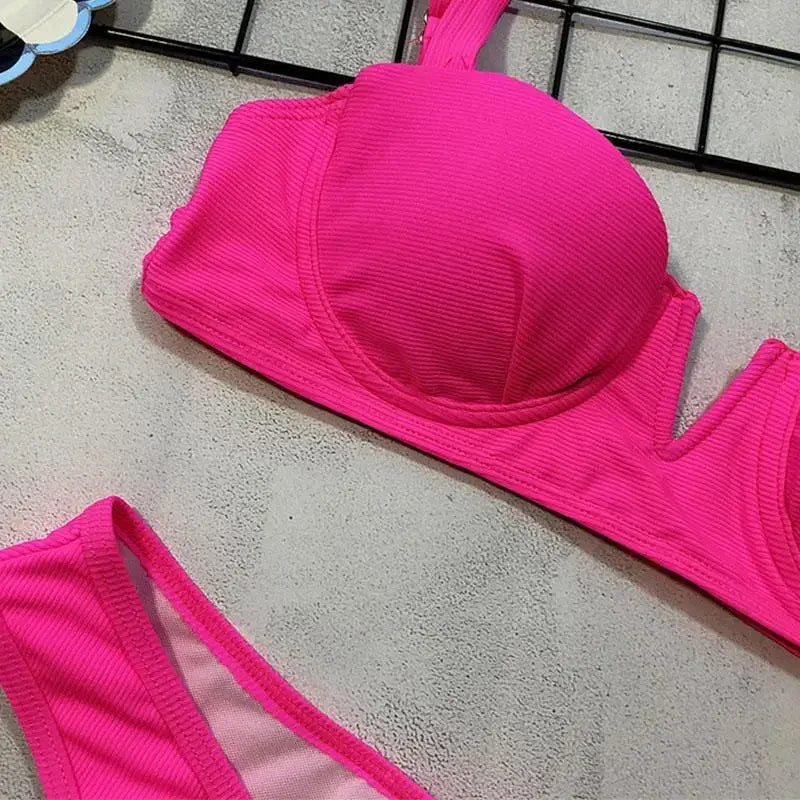 Sexy Ribbed Underwired V-bar Bikini Women Swimsuit Female Swimwear Two-pieces Bikini Set High Cut Bathing Suit Swim Beach Wear
