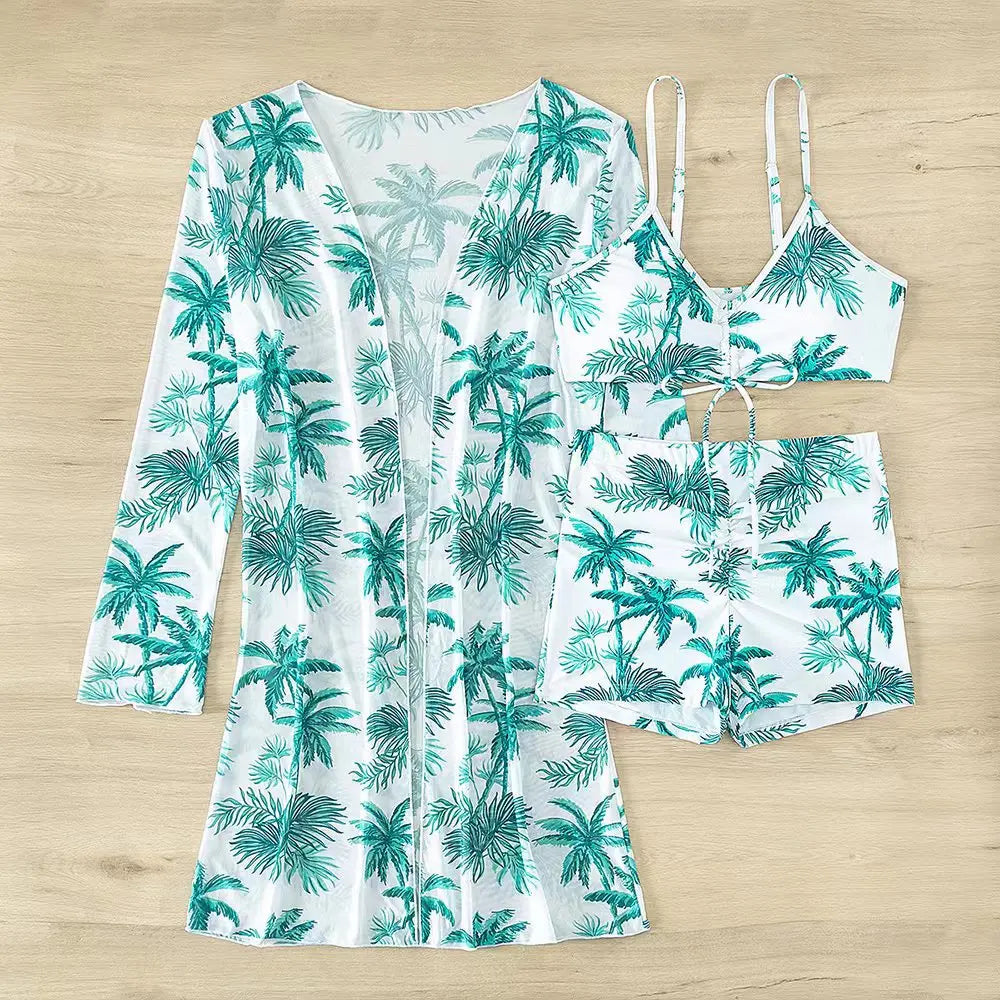 New Sexy 3 Pieces Suit for Women Neck Hanging Bikini Set+Cover-up Swimwear Sunproof Tankini High Waist Shorts Swimsuit Beachwear