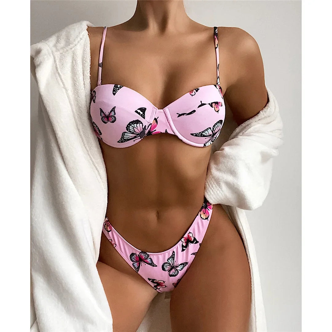 Underwire Push Up Bikini Women Swimwear Female Swimsuit Two-pieces Bikini set Butterfly Printed Bather Bathing Suit Swim V3200