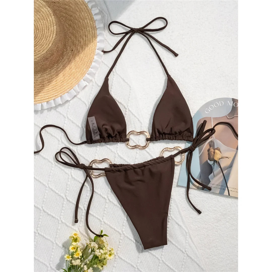 Sexy Halter Metal Rings High Leg Cut Bikini Female Swimsuit Women Swimwear Two-Pieces Bikini Set Bather Bathing Suit Swim V6564