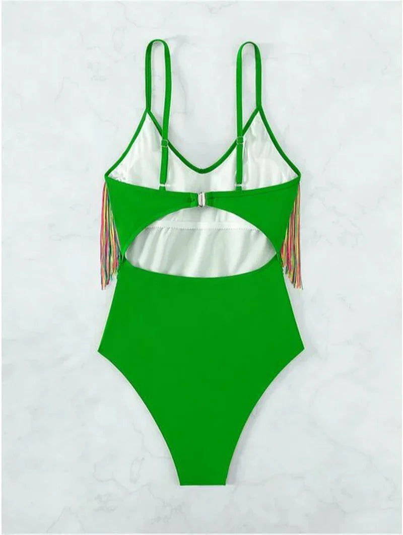 Colorful Tassel One Piece Swimsuit Women Sexy Hot Pink Push Up Tummy Control Swimwear Beach Backless Bathing Suit Monokini 2024