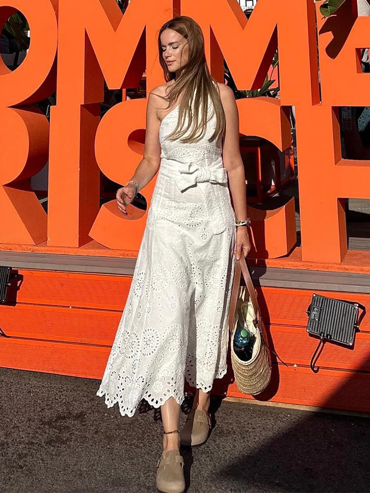 Foridol White One Shoulder Autumn Cotton Dress Women Winter Casual Dress Vestidos Maxi New Embroidery Boho Beach Dress Holiday
