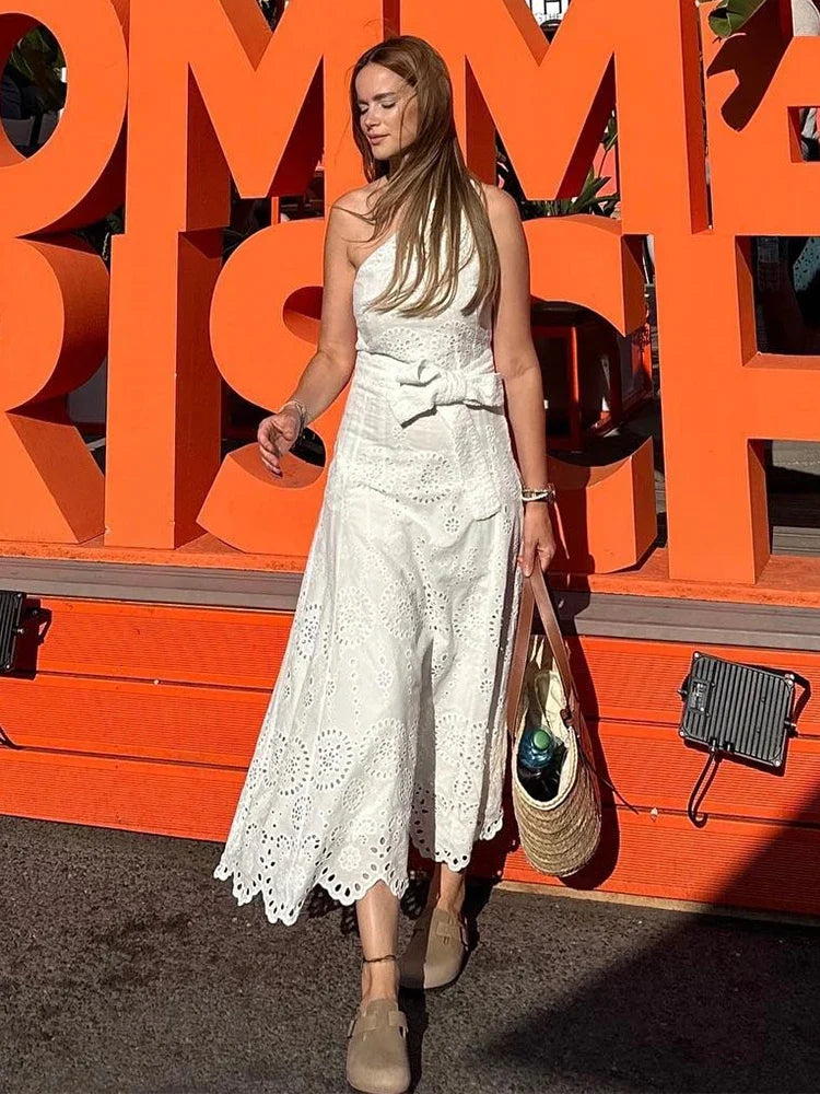 Foridol White One Shoulder Autumn Cotton Dress Women Winter Casual Dress Vestidos Maxi New Embroidery Boho Beach Dress Holiday