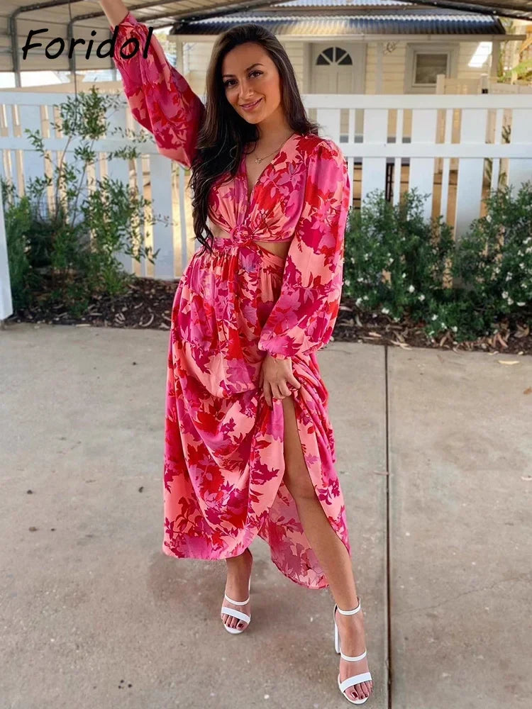 Waist Cut Out Backless Sexy Summer Maxi Dress Elegant Deep V Neck Holiday Long Dress Red Black Boho Floral Dress Women 2025