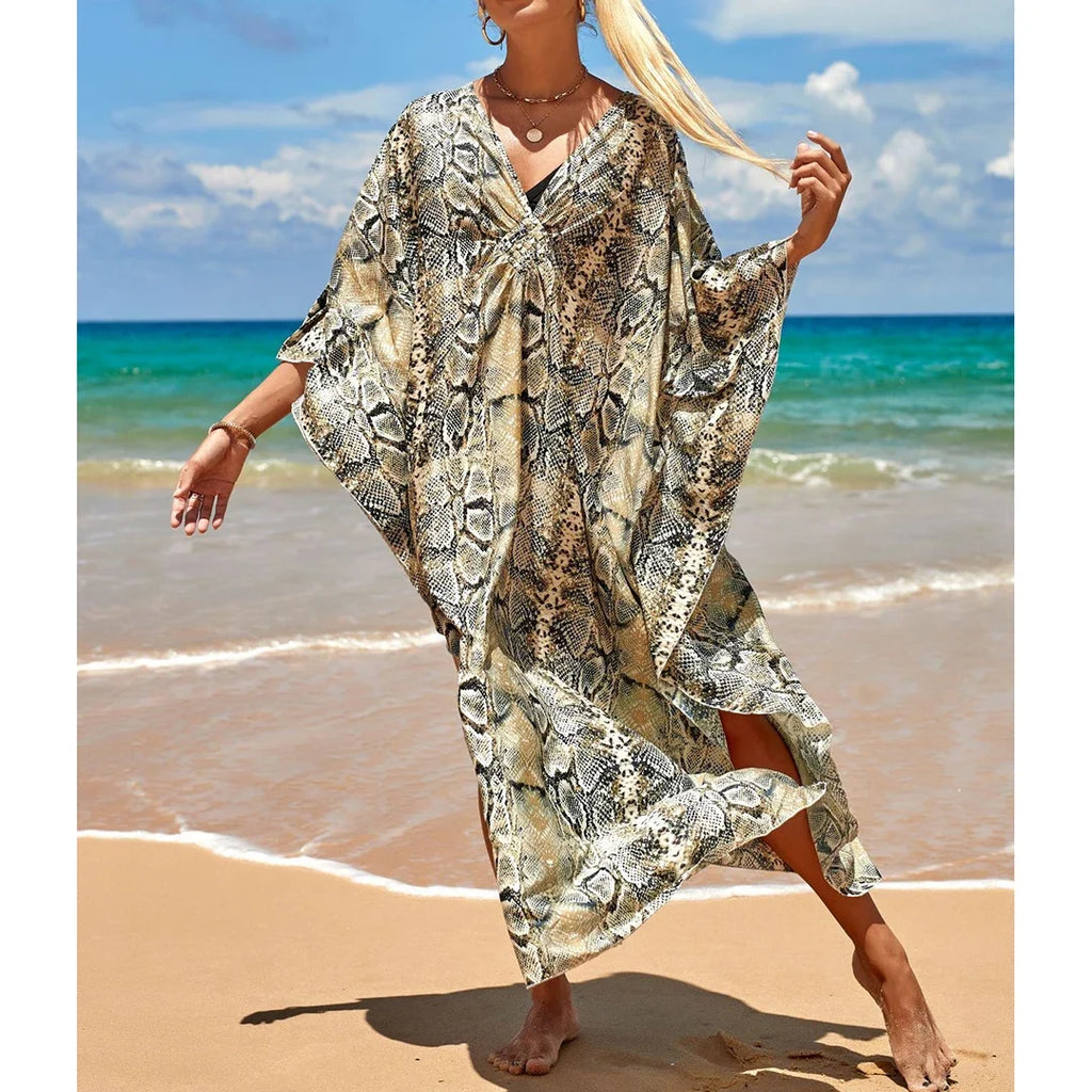 Sexy Zebra Printed V Neck Tunic Beach Cover Up Cover-ups Beach Dress Beach Wear Beachwear Beach Long Dress Female Women V4159