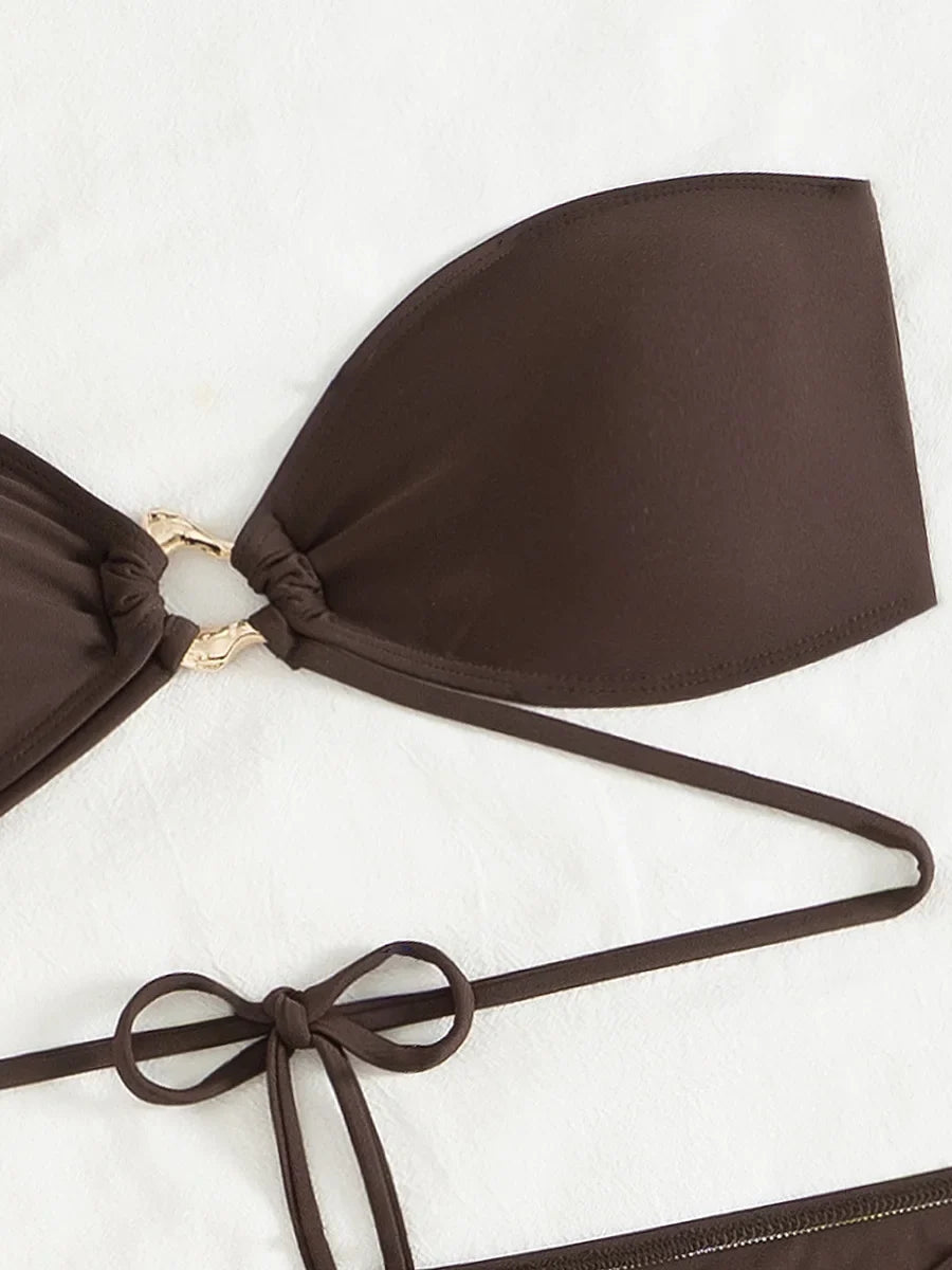 With Sarong Skirt Bandeau Bikini Women Swimwear Female Swimsuit Three-pieces Bikini Set Metal Rings Bathing Suit Swim Beachwear