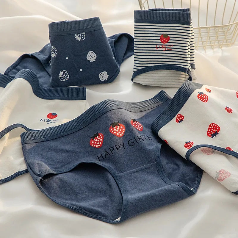 1-Pack Cute Strawberry Print Cotton Panties Sweet Striped Accents Women Low-Rise Underwear Breathable Soft Lingerie M-XL