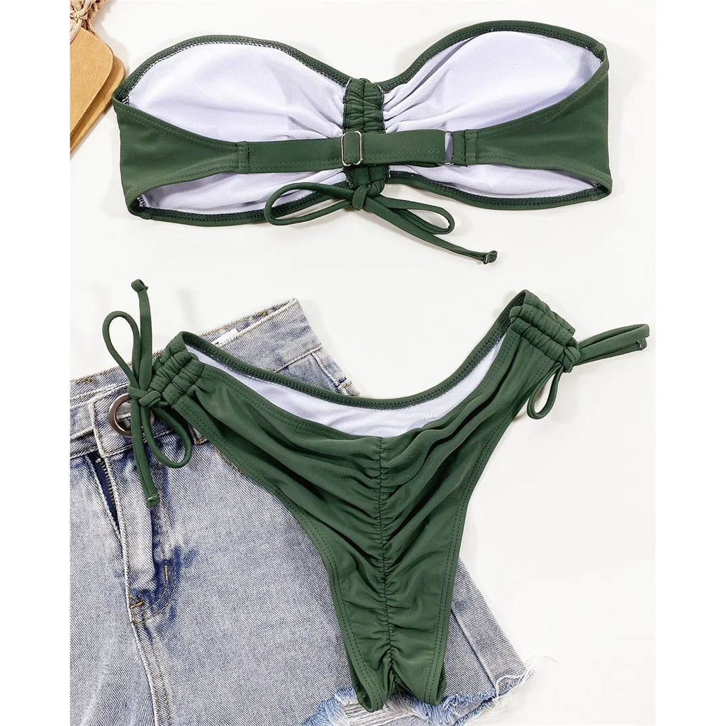 New Sexy Lace Up Scrunch Butt Bandeau Bikini Female Swimsuit Women Swimwear Two-pieces Bikini set Bather Bathing Suit Swim K3189