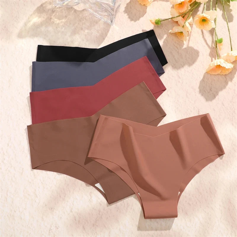 3PCS Women's Seamless Maillard Underwear Sexy V-Shaped Mid Waist Ice Silk Briefs 10 Soild Color Cozy Stretch Sexy Underpant S-XL