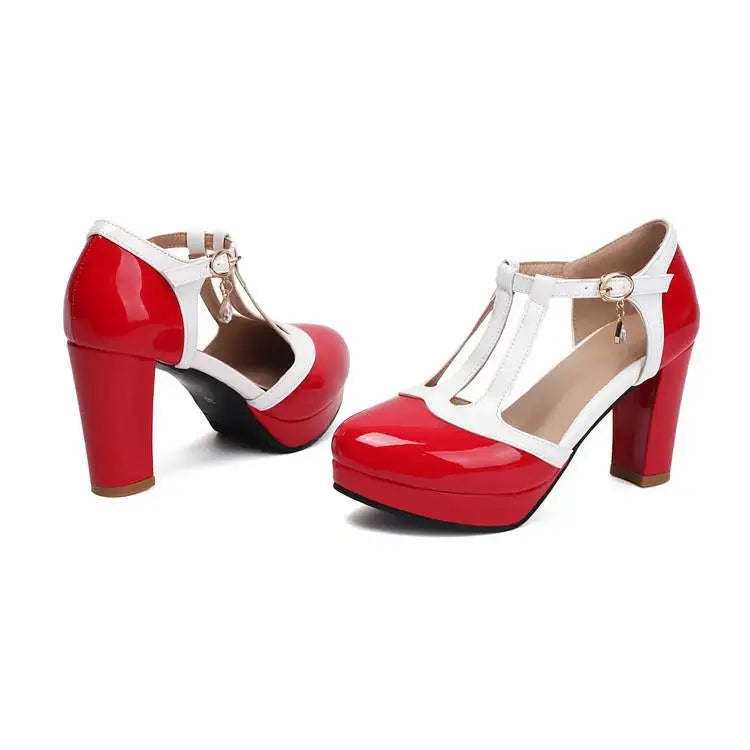 Spring Autumn New Style Fashion High-heeled Women's Shoes Color Block Round Head Shallow Mouth Buckle Square Heel Women's Shoes
