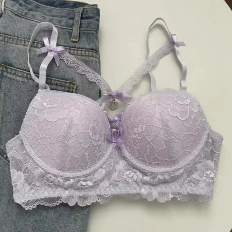 Japanese Lace Bra Set, Heart Pendant Purple Lingerie Sexy & Pure Small Chest Push Up Bralette, Fashion Outerwear Design Enhancer