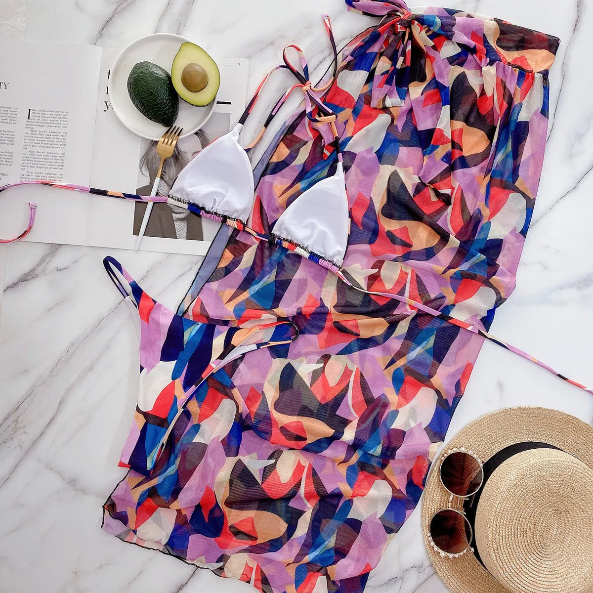 2026 Sexy Bikini Set 3-piece Print Halter Swimwear Swimsuit Women Bikinis Set Bathing Suit Beach Dress Bikini Cover Up Female