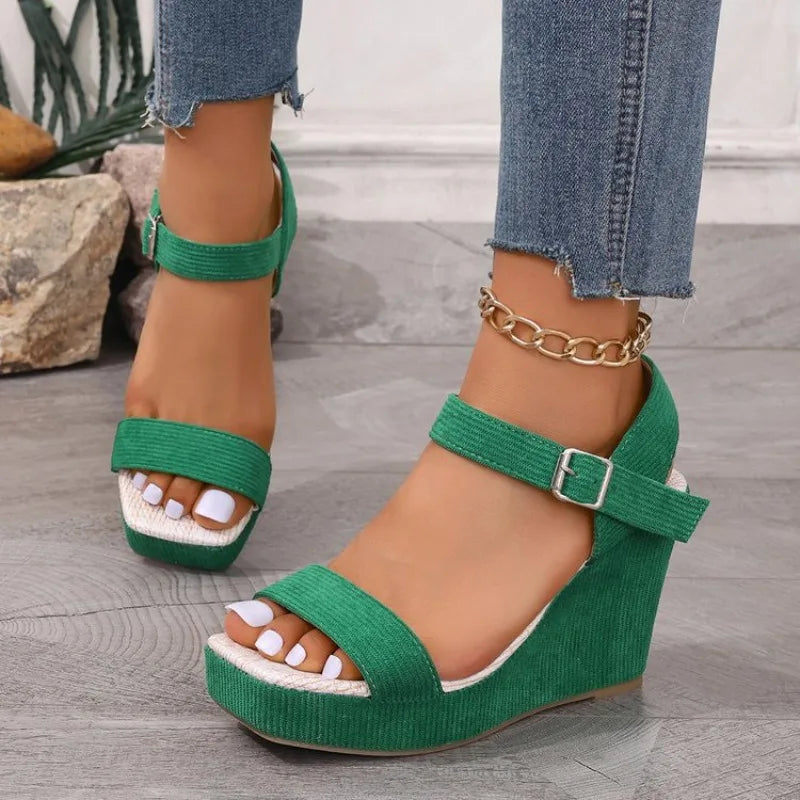 2026 New Platform Wedge Sandals Solid Color Round Headed Square Buckle  High-heeled Sandals