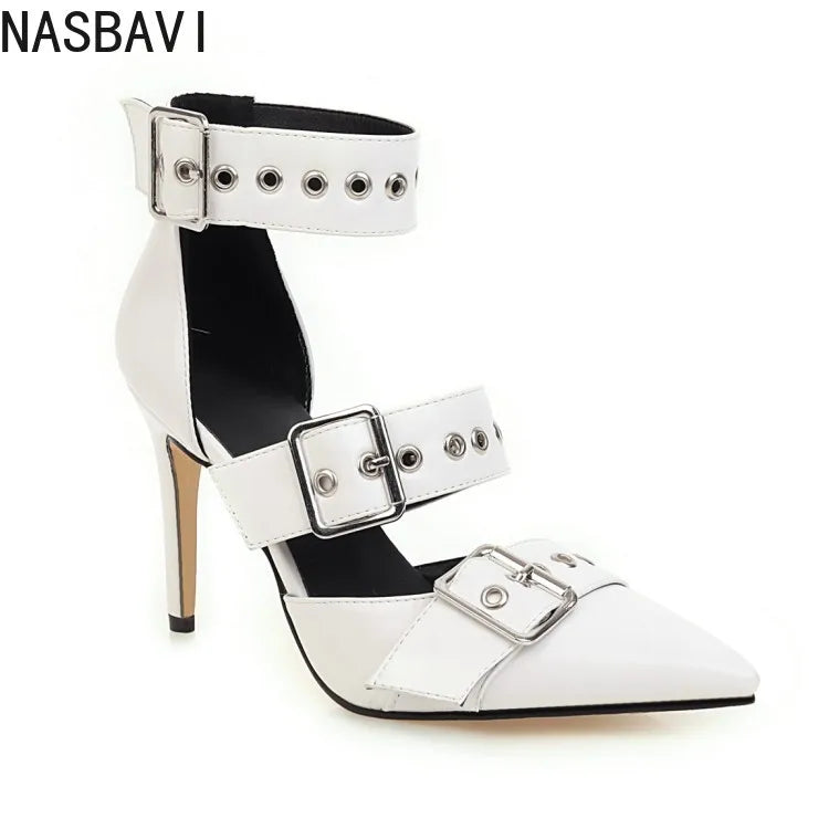 NASBAVI Black Punk Gothic High Heels Sexy Plus Size Pointed Toe Fashion Buckle Rivet Women Pumps Wedding Shoes Stiletto Heels