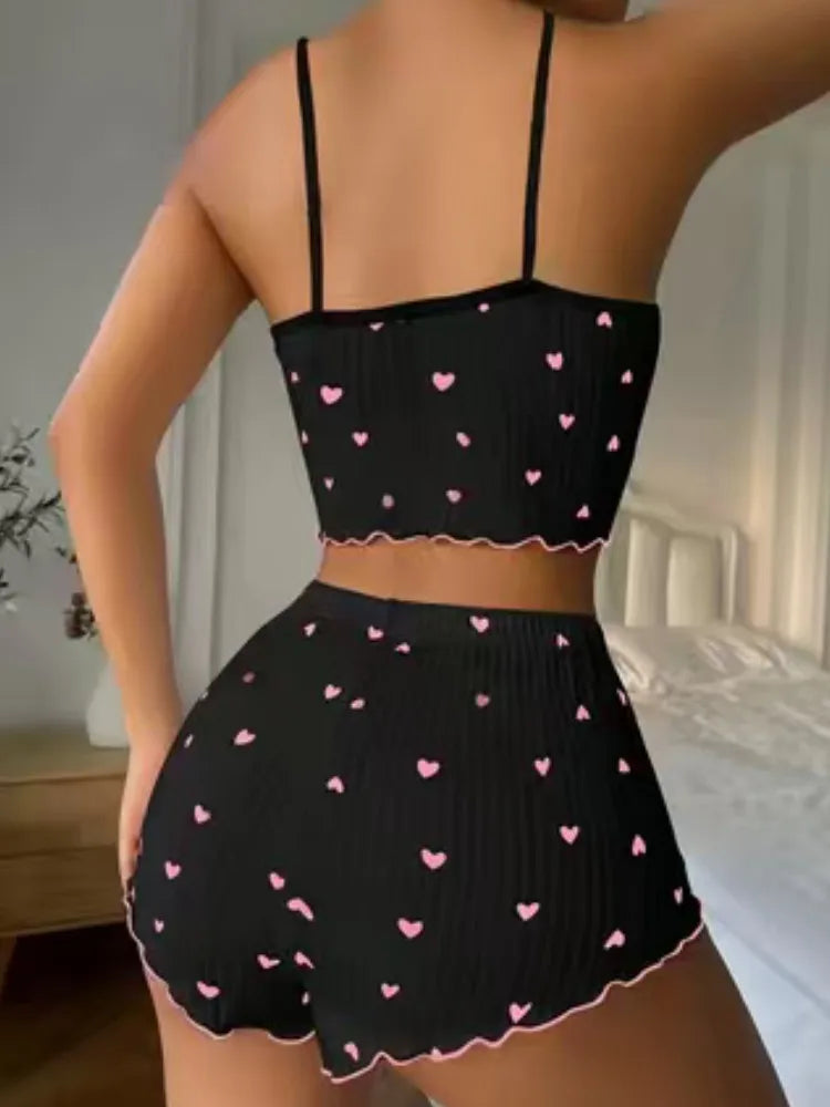 1 Set Women Sexy Pajama Set, Love Heart Print Spaghetti Strap Tops and Shorts, Knit Fabric Sleepwear for All Seasons, Loungewear