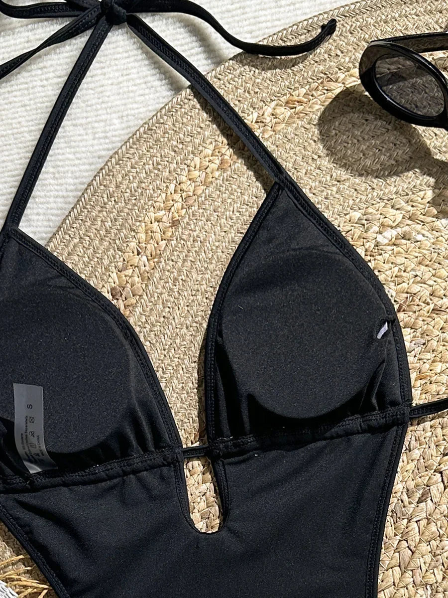 Printed Halter V Neck One Piece Swimsuit Women Swimwear Female Backless Monokini High Leg Cut Bather Bathing Suit Swim Bodysuit