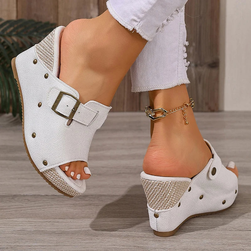 Fashion Buckle Chunky Wedges Sandals Women Rivets Decor High Heel Platform Slippers Woman Plus Size Non Slip Summer Sandles 43