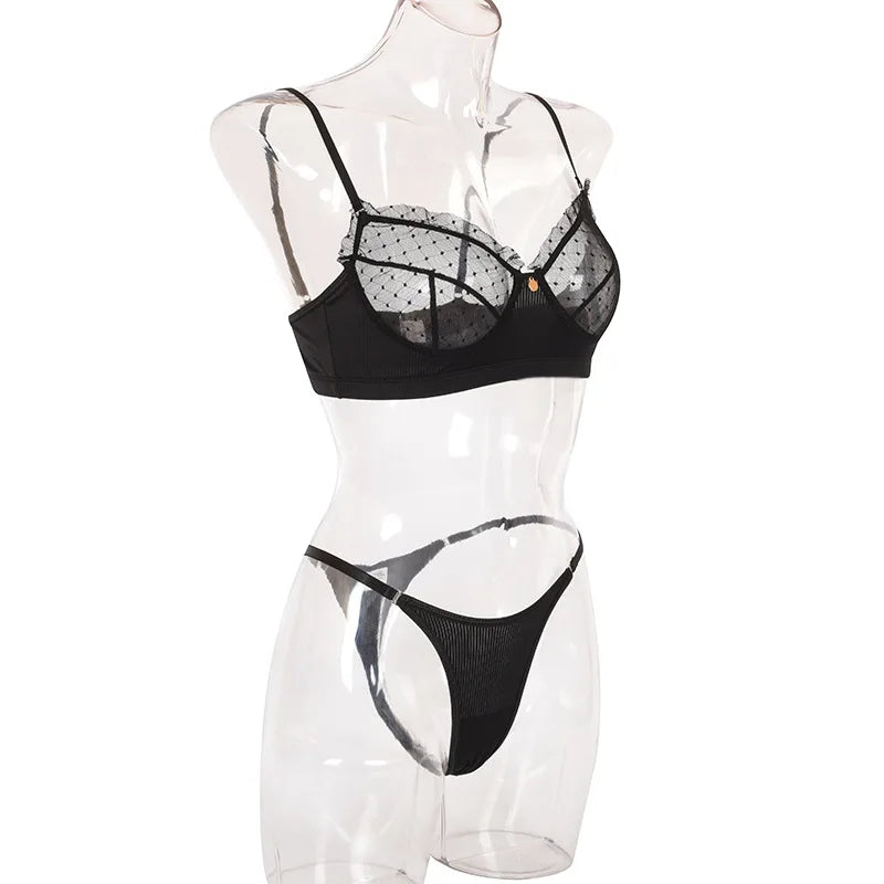 Flounce Sexy Lingerie Lace Bra Set Transparent Underwear Hot Erotic Lingerie Set Push Up Bra And Panty Set Porno Briefs Sets