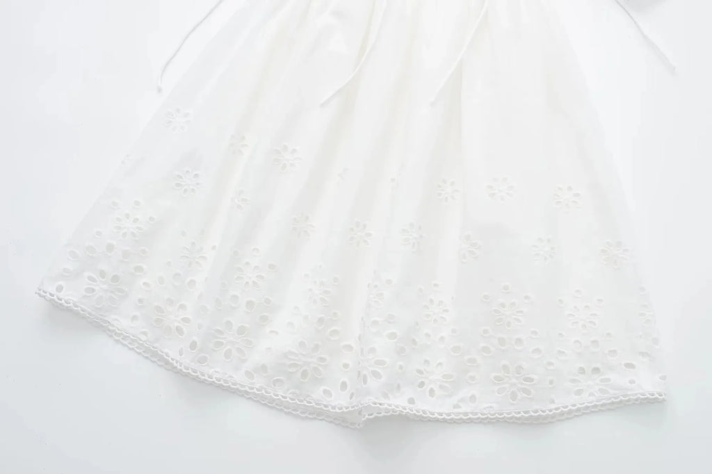Foridol Lace Summer White Dress Women Puff Sleeve Embriodery Waist Cut Out Beach Short Sexy Cotton Dress Backless 2025 Sundress