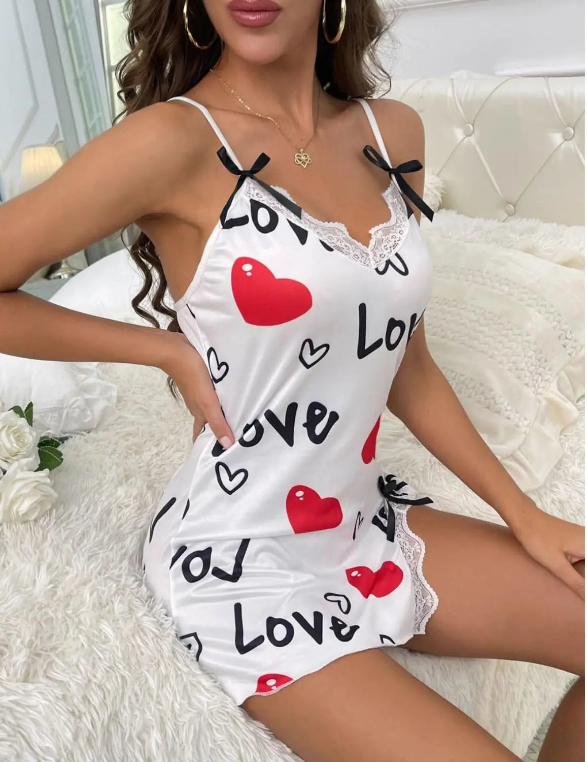 New Sexy Black Nightgown for Women Red Heart  Love Print Satin Lace Trim Mini Chemise Adjustable Spaghetti Strap Lingerie