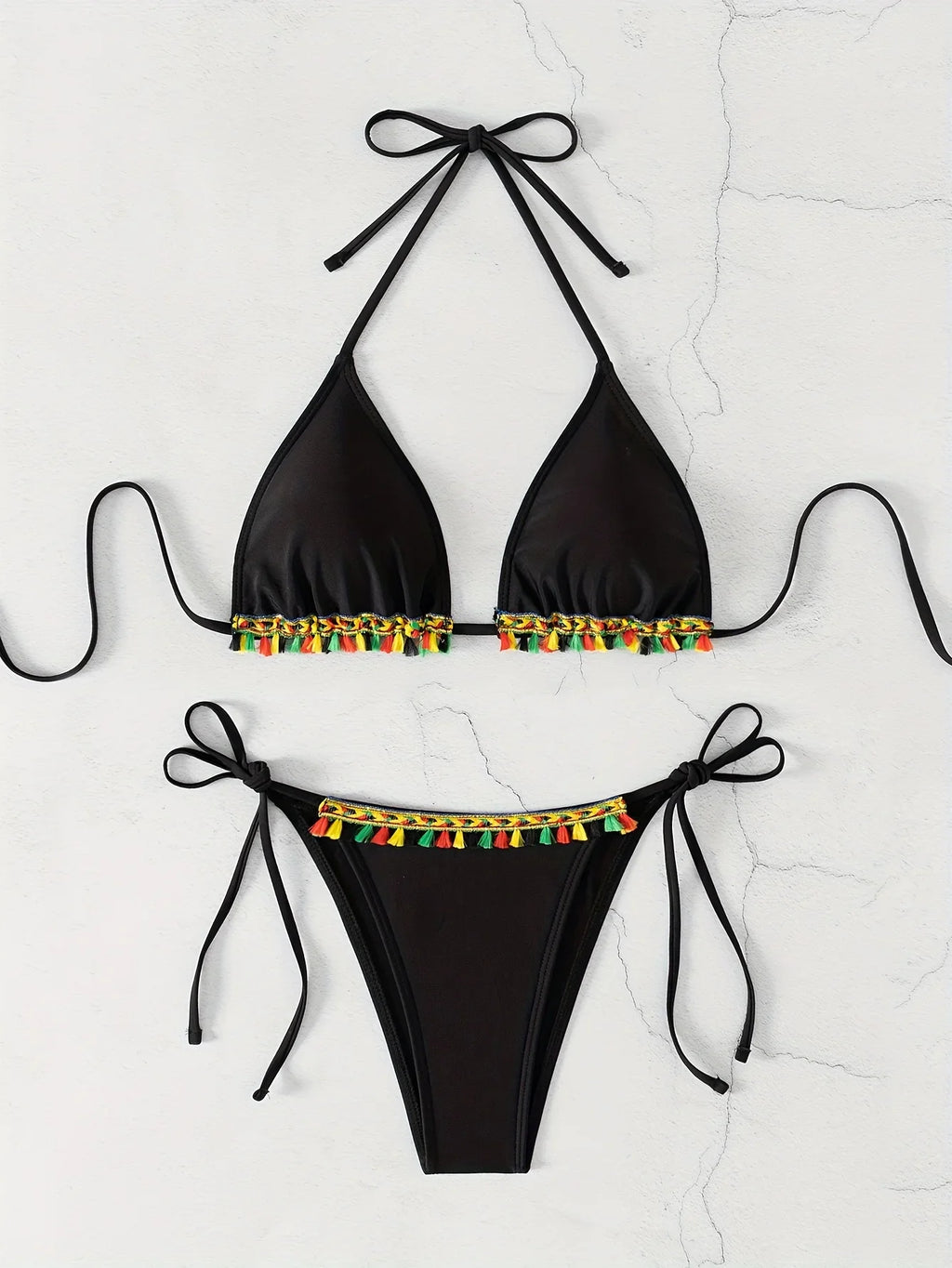 ZTVitality Tassel Trim Triangle Halter Tie Strap Backless 2024 New Arrival Padded Sexy Swimsuit Women Swimwear Summer Biquini