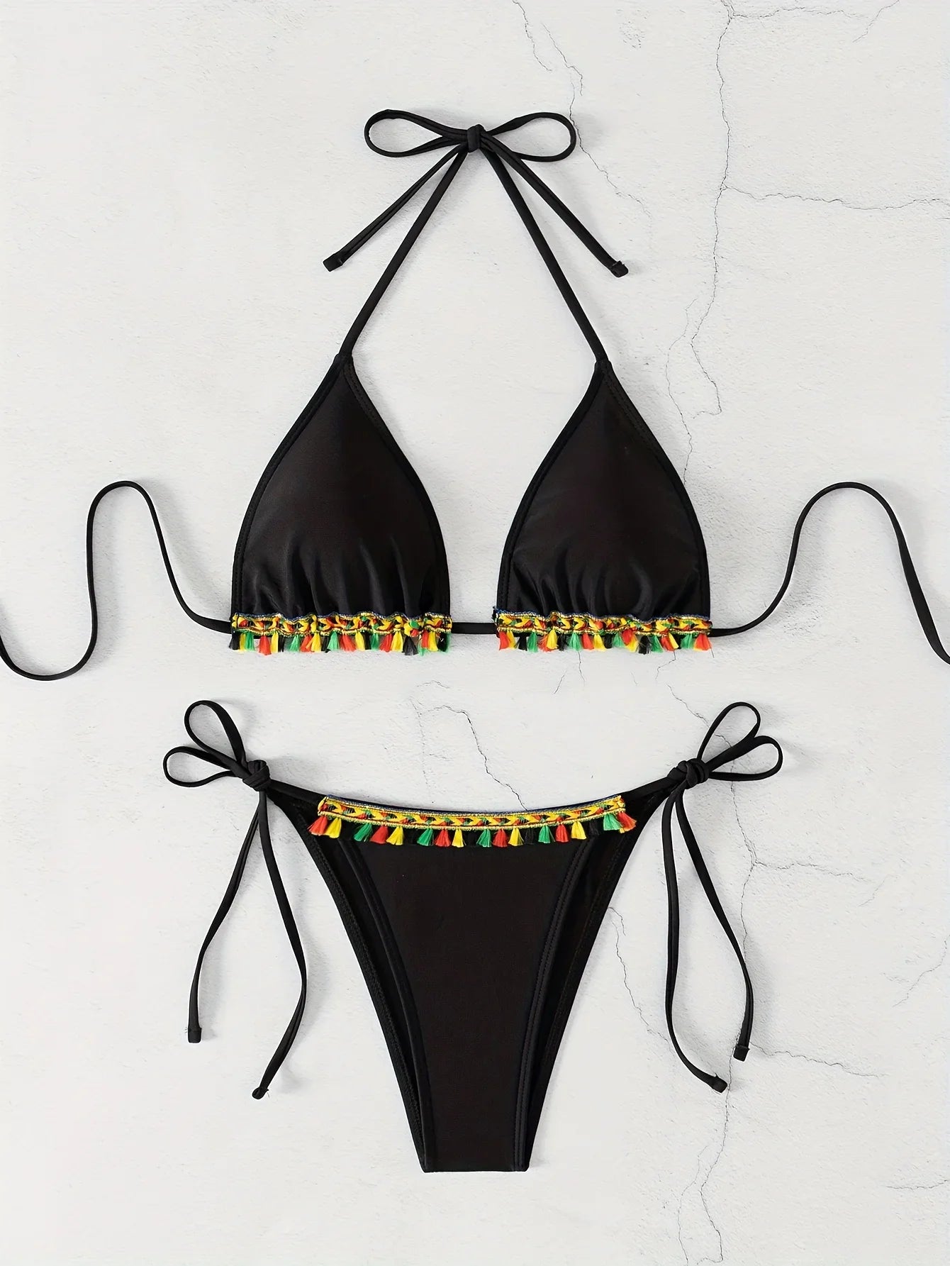 ZTVitality Tassel Trim Triangle Halter Tie Strap Backless 2024 New Arrival Padded Sexy Swimsuit Women Swimwear Summer Biquini