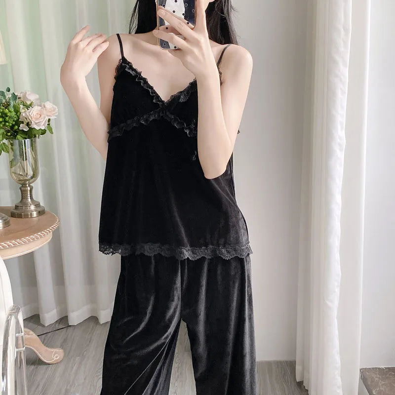 Gold velvet three-piece pajamas set, autumn and winter lace nightgown, sexy home wear with chest pad