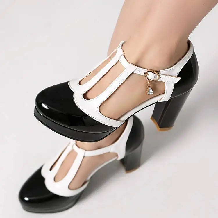 Spring Autumn New Style Fashion High-heeled Women's Shoes Color Block Round Head Shallow Mouth Buckle Square Heel Women's Shoes