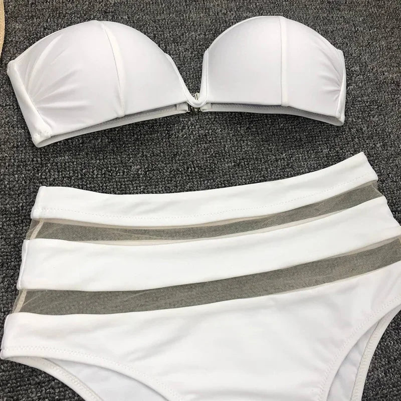 Sexy Bra Cup Bandeau Bikinis High Waist Bikini Women Swimsuit Female Swimwear Two-pieces Bikini Set Mesh Bathing Suit Swim Lady