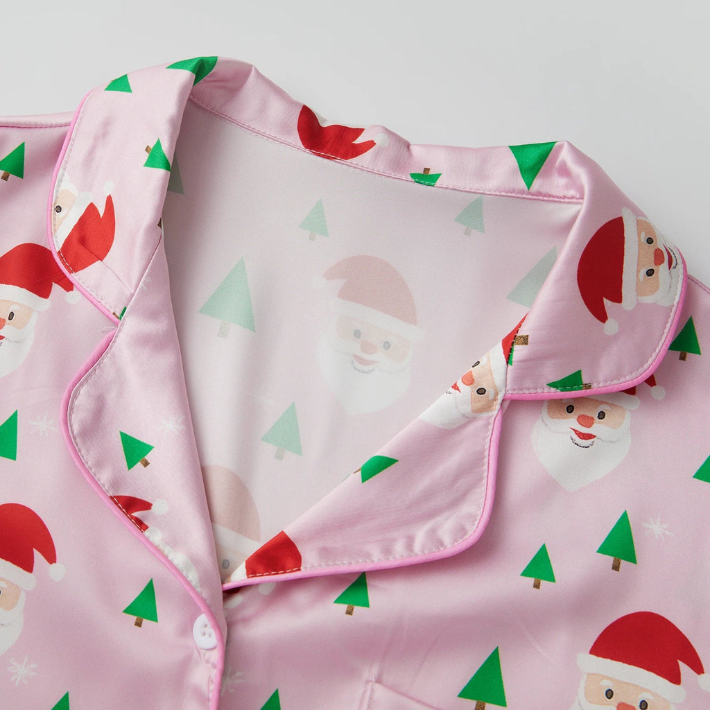 Women Two Pieces Christmas Pajama Set Santa Claus Print Long Sleeve Shirt with Shorts Fall Sleepwear Loungewear