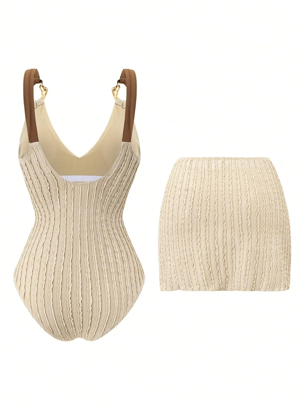 Vintage Beige Ribbed Swimwear Skirt Set Women Metal Buckle Strap V Neck Hollow Out Backless Bathing Suit One Piece Swimsuit 2026